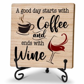 Coffee And Wine Desk Decor Sign, Rustic Wooden Sign With Stand, A Good Day Starts With Coffee And Ends With Wine Sign For Farmhouse Home Kitchen Bar Shelf Table, Gifts For Family Friend Coworker, C18