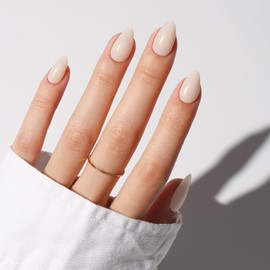 KQueenest Milky White Press On Nails Short - Summer Press On Nails Almond, Sheer Cream Short Fake Nails Set Stiletto, Glossy Opaque, Reusable Soft Gel Glue on Nails for Women, 30 Pcs