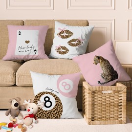 Yorhifa Trendy Preppy Pink Cheetah Throw Pillow Covers 18x18inches Set of 4, Funky Leopard Decorative Pillowcase Cases, Coquette Lips Throw Pillow Covers for Girly Room College Dorm Apartment Decor