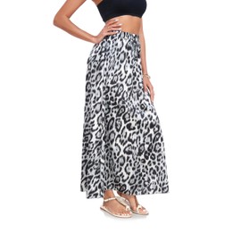VOGMATE Long Women's Leopard Elegant A Line Skirts Elastic Waist Casual Skirt Maxi Skirt with Drawstring Plain Long Skirt, Black / Grey