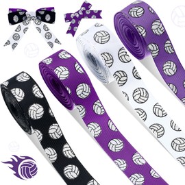 MTLEE 4 Rolls 20 Yards Volleyball Ribbons Glitter Volleyball Decorations Sports Ribbons for Crafts Team Ribbons Grosgrain 7/8-inch Ribbon for Sports, 0.88 Inch(White, Black, Purple, Grape)