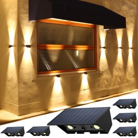 SunFilckt Solar Fence Lights, 6 Pack White & UP-Down Fence Lights Solar Powered, IP54 Waterproof Fence Lights for Outdoor, 8-12 Hours Illuminate Dusk to Dawn for Wall/Step/Patio/Yard/House