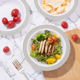 I00000 100 Silver Plastic Bowls,12 OZ White Disposable Bowls,Fancy Plastic Salad Bowl,Premium Heavy Duty Disposable Soup Bowl for Parties,Weddings,Dinners, Catering, Picnics