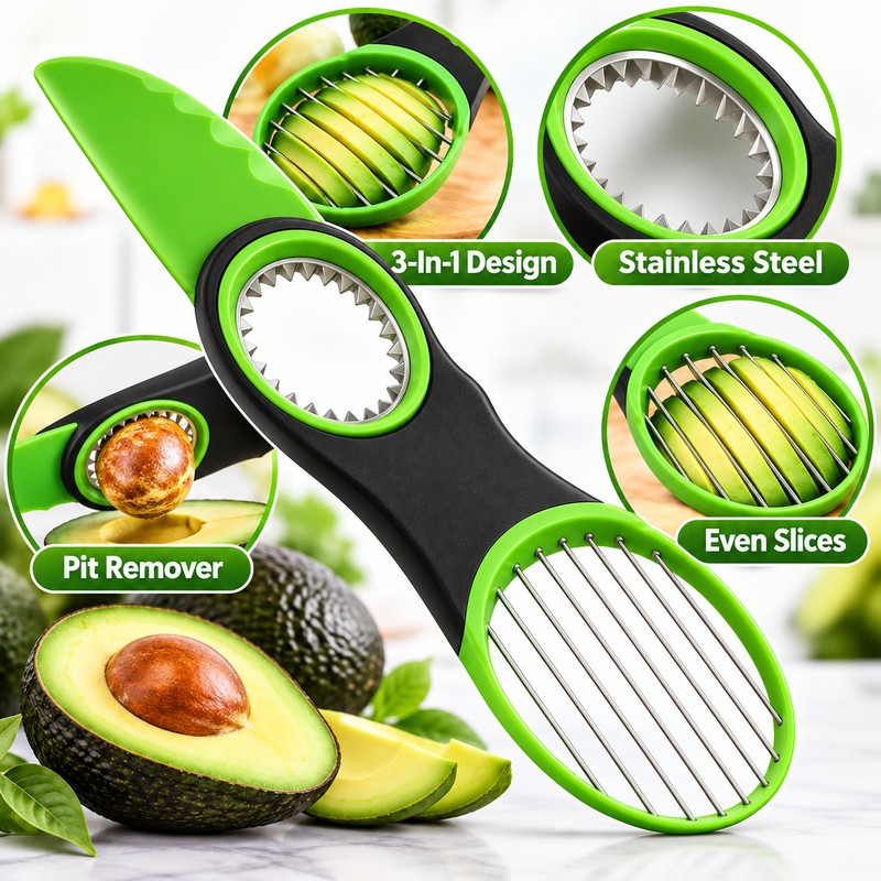 3-in-1 Avocado Slicer, Pitter & Cutter – Stainless Steel Fruit