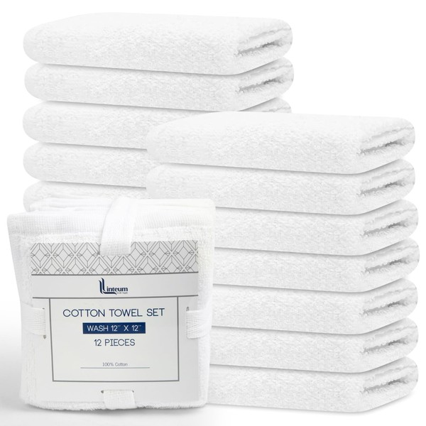 Linteum Textile Premium Wash Cloths Set - 12x12 Inches (12 Pack) White - 100% Cotton Ring Spun Washcloths, Highly Absorbent & Soft Feel Face Towels for Bathroom, Spa and Gym, Zero Twist