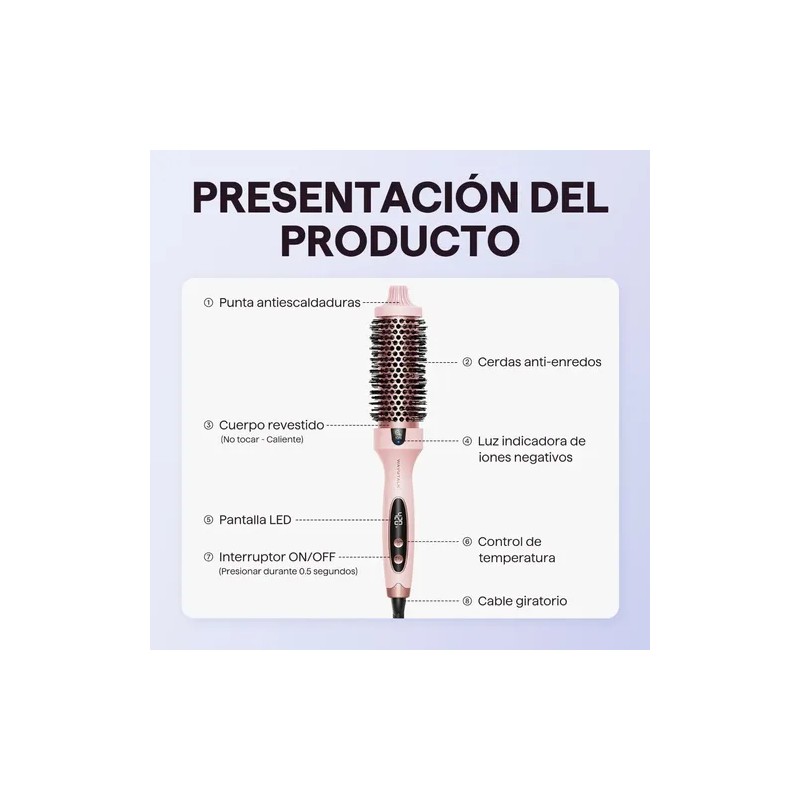 Cepillo Térmico Wavytalk, Cepillo Redondo De Cerámica, Rosa