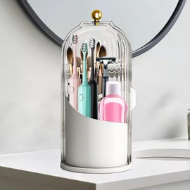 Toothbrush Holder with Sliding Lid, 360° Rotating Dust-Proof Tooth Brush Toothpaste Holder with 3 Compartments, Sturdy Base & Carry Handle Countertop Organizer for Vanity Makeup Brushes Holder (White)