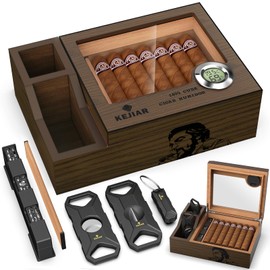 KEJIAR Cigar Humidor with 2 Side Cigar Accessories Boxes,Glass Top Cedar Small Cigar Humidor with Cigar Cutter,V-Cutter, Humidifier and Digital Hygrometer, Cigar Gifts for Men(Dark Brown)