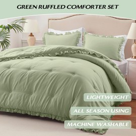 HARBOREST Queen Comforter Set Green - Ruffle Comforter for Queen Size Bed, Fluffy Queen Size Comforter Set for All Seasons, 3 Pieces Shabby Chic Bedding Comforter Set(1 Comforter & 2 Pillow Shams)