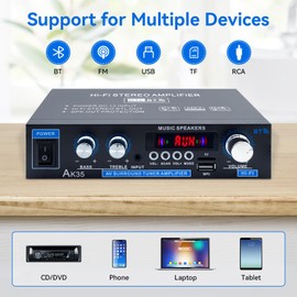 Home Audio Amplifier Receivers 200W Bluetooth 5.0 RMS 30W x 2 AK35 Stereo Receiver for Speakers 2.0 Channel Power Amp with Bass & Treble Remote Control w/USB/TF/MIC/AUX Input
