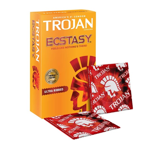 Trojan Ecstasy Ultra Ribbed and Lubricated Condoms with Premium Quality Latex, Pack of 10