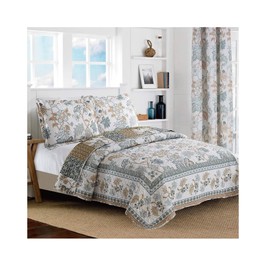 All American Collection New Reversible 3pc Floral Printed Blue/White Bedspread/Quilt Set Matching Curtains Available (Queen Size)