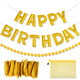 Pre-Strung Happy Birthday Banner, Reusable Birthday Banners, Gold Foil Felt Banner Golden Happy Birthday Sign for Party Decorations, Comes with a Storage Bag for Easy Storage