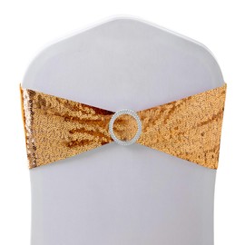Trimming Shop Gold Sequin Chair Band with Slider Buckle, Stretchy Fabric Chair Band Sash, Elastic Wedding Chair Cover Band for Chair Decoration, Wedding Party, Reception, Banquet, 100pcs