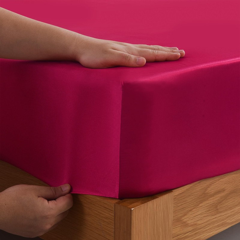ROOEE Satin Silk Fitted Sheet with Pillowcase Set Breathable Soft