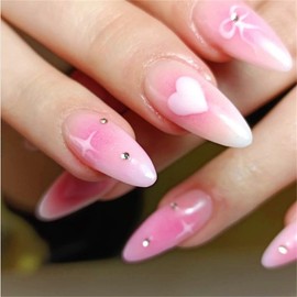 24Pcs Valentine Nails Press on Nails Medium Almond Nails Pink Fake Nails with Nail Glue Heart Bow Star Gems Acrylic Nails Design Full Cover Valentine Day False Nails Stick on Nails for Women Girls