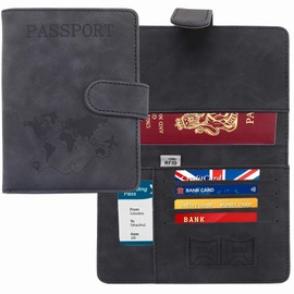 AmiCera Passport Holder, Passport Cover Travel Wallet Organiser, Passport Case with RFID Buckle Closure PU Leather Document Holder for Men Women Family Gifts Essential Travel Accessories (Blue)