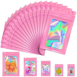JETMORE 100 PCS Mylar Bags, Pink Holographic Bags, Smell Proof Bags, Resealable Bags for Small Business, Sealable Bags for Packaging, Foil Pouch Bags for Food Storage, Bracelets, Jewelry（2.4x3.9in）