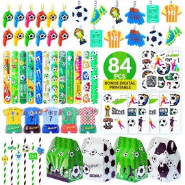 Soccer Party Favors Set, 84 Pieces with Straws, Whistles, Wristbands, Keychains, Treat Boxes for Kids Birthday Supply