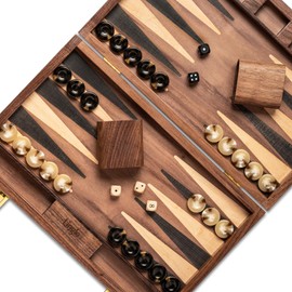 Lingle 14.5” Premium Natural Walnut Folding Backgammon Sets for Adults and Kids, Including 30 Artificial Horn Checkers, 2 Walnut Dice Cups, and 5 Wooden Dice/Classic Two-Player Strategy Board