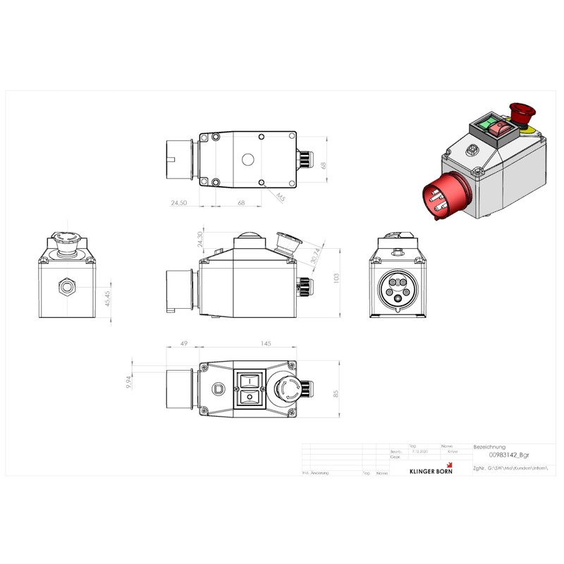 Motor protection switch 0.10-0.16A in housing, 3Ph, with emergency stop