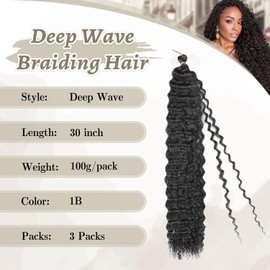 Ocean Wave Crochet Hair 30inch Deep Wave Curly Crochet Hair 3packs Deep Curly Braiding Hair Extensions Long Braids Deep wave Synthetic hair for Black Women