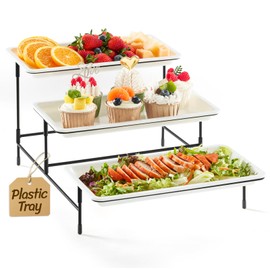 Lifewit Plastic 3 Tier Serving Tray for Party Supplies, 12" x 6.5" Crack-Proof Platters for Serving Food, White Reusable Trays with Black Metal Display Stand for Veggie, Fruit, Cookies, Dessert