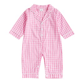 Geagodelia Infant Baby Boy Girl Pajamas Romper Newborn Baby Boys' Full Length Jumpsuit Long Sleeve Plaid Turn Down Collar Button-Down Bodysuits for Baby Sleepwear Loungewear (Pink, 6-12 Months)
