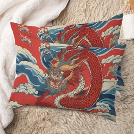 MISSUYSA Set of 2 Rectangle Lumbar Pillow Case Red Dragon Chinoiserie Asian Inspired Pillow Cover Chinoiserie 12x20in Cotton Linen Culture Cushion Cases for Sofa Couch Bed Chair