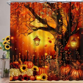Cortina de ducha de otoño, diseño de calabaza, diseño de girasoles de otoño y calabaza, juego de cortina de ducha Rusitc, para baño con tela de gancho, poliéster de 72 x 72 pulgadas