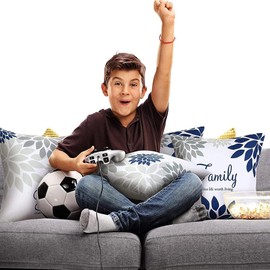 NDMMSO Set of 4 Cushion Covers 45 x 45cm Navy style Family Faith Hope Love Words Pillow Cases Decorative Spring Summer Throw Pillow Covers for Sofa Bed Decor Square 18x18 Inches Throw Pillow Cases