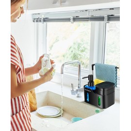 Hand Soap and Dish Soap Dispenser Set for Kitchen │ Dual Soap Dispenser with Sponge Holder and Dishcloth Holder 4-in-1 Organizer for Kitchen Sink Countertop │ Useful Kitchen Gadgets │ Black
