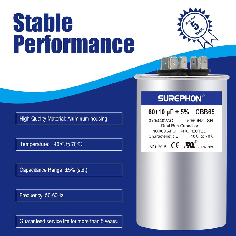 SUREPHON 60+10 uF 60/10 MFD ±5% 370V/440VAC Dual Run Start