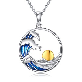 VONALA Wave Necklace 925 Sterling Silver Sun Sunset Necklace Ocean Wave Surfer Pendant Beach Jewelry Gifts for Women