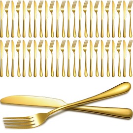 Nuenen 50 Pieces Stainless Steel Forks Silverware Set, Dinner Forks and Dinner Knives Flatware Set Tableware Cutlery Set for Butter Kitchen Restaurant (Gold,8.07 x 0.94 Inch, 9.06 x 0.79 Inch)
