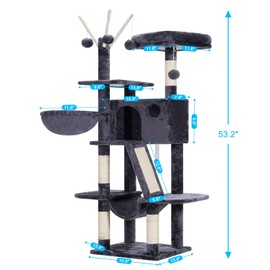 Hey-brother Cat Tree, 53 inch Cat Tower for Indoor Cats, Cat House with Padded Platform Bed, Toy Balls, Large Cozy Condo, Hammocks and Sisal Scratching Posts, Smoky Gray MPJ019-SG