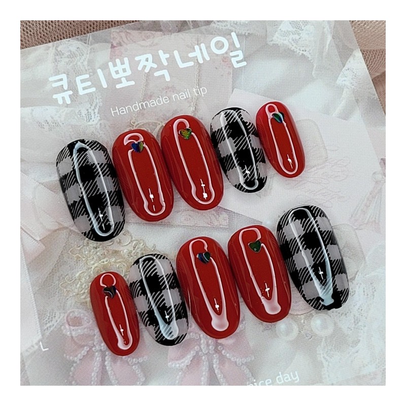Red Check Handmade Nail Tips - Stiletto M / 레드