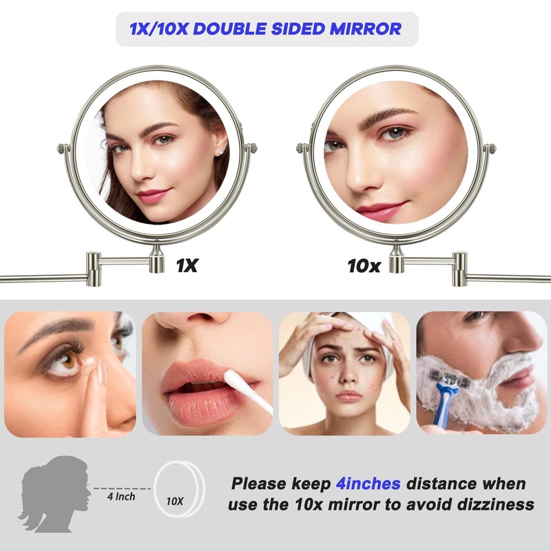 Rechargeable Wall Mounted Makeup Mirror with Lights, 8 Inch Double-Sided