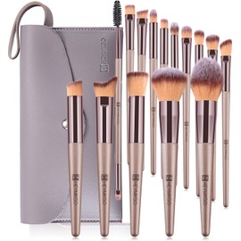 HEYMKGO - Juego de 15 brochas de maquillaje profesionales dorado champán, para base, contorno, mezcla, sombreado y resaltado