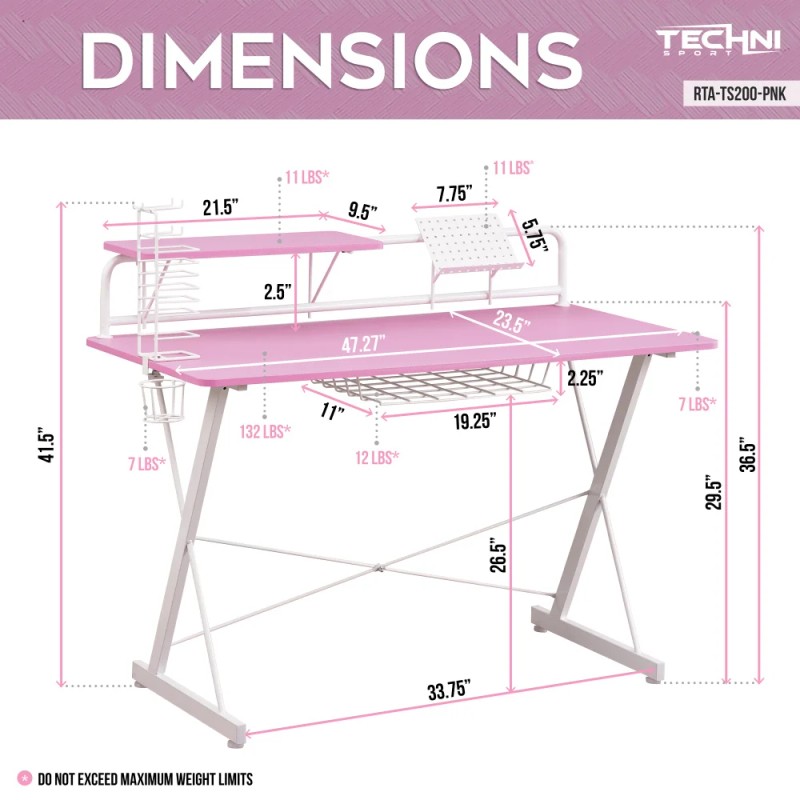 Techni Sport TS-200 Computer Gaming Desk with Shelving, Pinkcolor: Pink