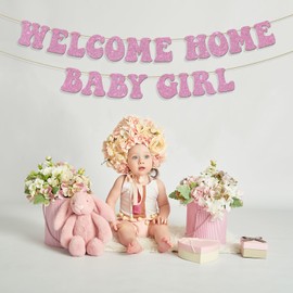 Welcome Home Baby Girl Banner, Baby Shower Decorations Banner for Girls, Gender Reveal Party Bunting Garland, Welcome Baby Girl Party Decoration Supplies, Pink Glitter