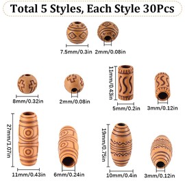 SUNNYCLUE 150Pcs Imitation Wood Beads Hair Tube Beads Wooden Ball Round Oval Tubular Acrylic Braid Dreadlock Big Hole Loose Beads for Braids DIY Decorations Bracelet Necklace Sweater Chain Beginners