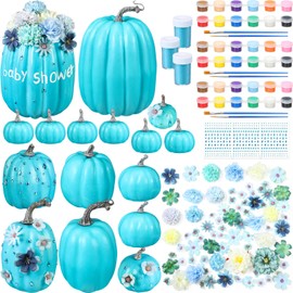 Zubebe 14 Sets Pumpkin Ornament Baby Shower Decorations, Artificial Foam Pumpkins with Mini Flower Heads Stickers Painting Set Glitter Jars for Fall Thanksgiving Party Decor, 5 Sizes(Bule)