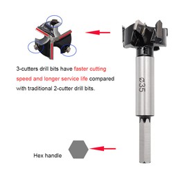 Forstner Drill Bits 35mm (1-3/8 inch) Tungsten Carbide Upgraded Version 3-Cutter Higher Hardness Wood Hole Saw Auger Opener Woodworking Drilling Tool Wood Cutter