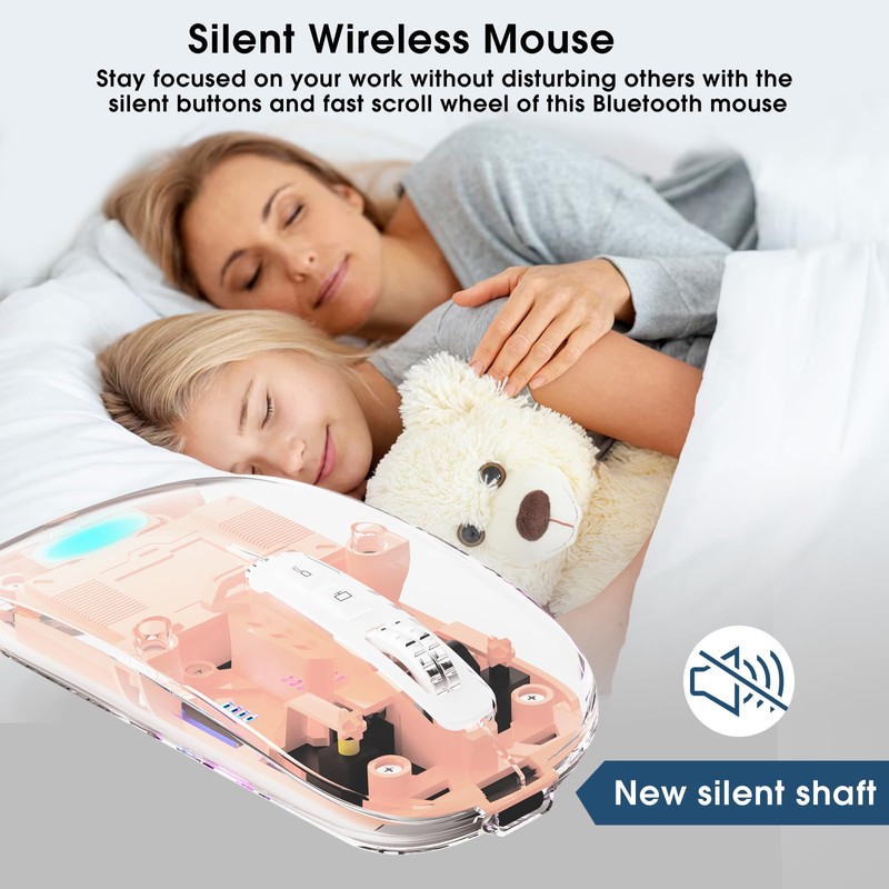 mouse inalámbrico transparente para computadora, mouse Bluetooth recargable, visualización de