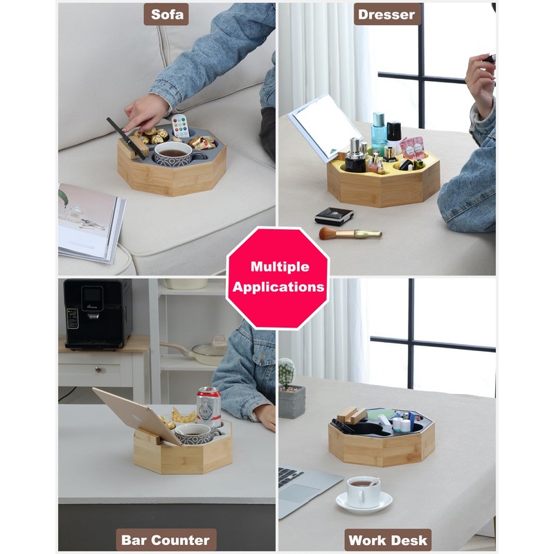 Hitseon Couch Cup Holder Tray, Octagonal Silicone Bamboo Sofa Cup