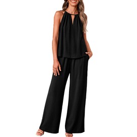 BTFBM Women's Casual Summer Two Piece Outfits Cotton Linen Sets Cutout Halter Sleeveless Top Wide Leg Pants Matching Set(Black,Small)
