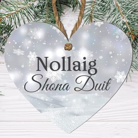 Christmas Heart Plaque - Choose from 4 Designs: Merry Christmas, Nollaig Shona Duit, Nollaig Chridheil, Nadolig Llawen, Perfect for Holiday Décor (Irish - Nollaig Shona Duit)