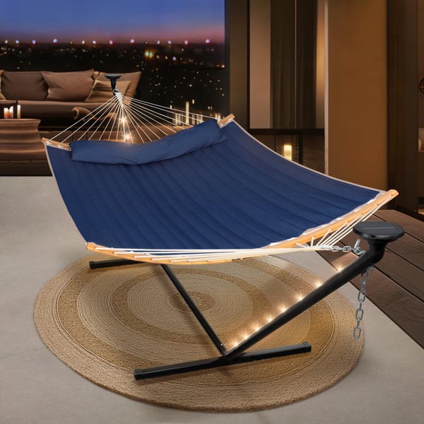 SUNCREAT Double Outdoor Hammock with 12 ft Stand, Solar Powered