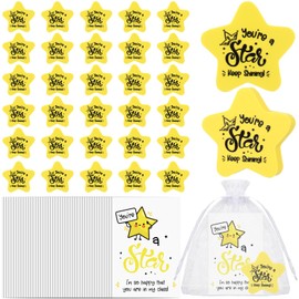 Clabby 50 Set 30 Set End of Year School Leavers Gifts Include Star-Shaped Erasers Thank You Gift Cards and Gift Bags Star Rubber Small Pencil Erasers for Students School Classroom Rewards Prizes